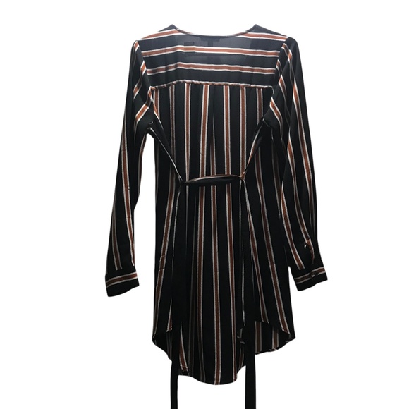 MINE Striped Long Sleeve Wrap Dress | Black Rust White Belted Midi - Picture 3 of 14